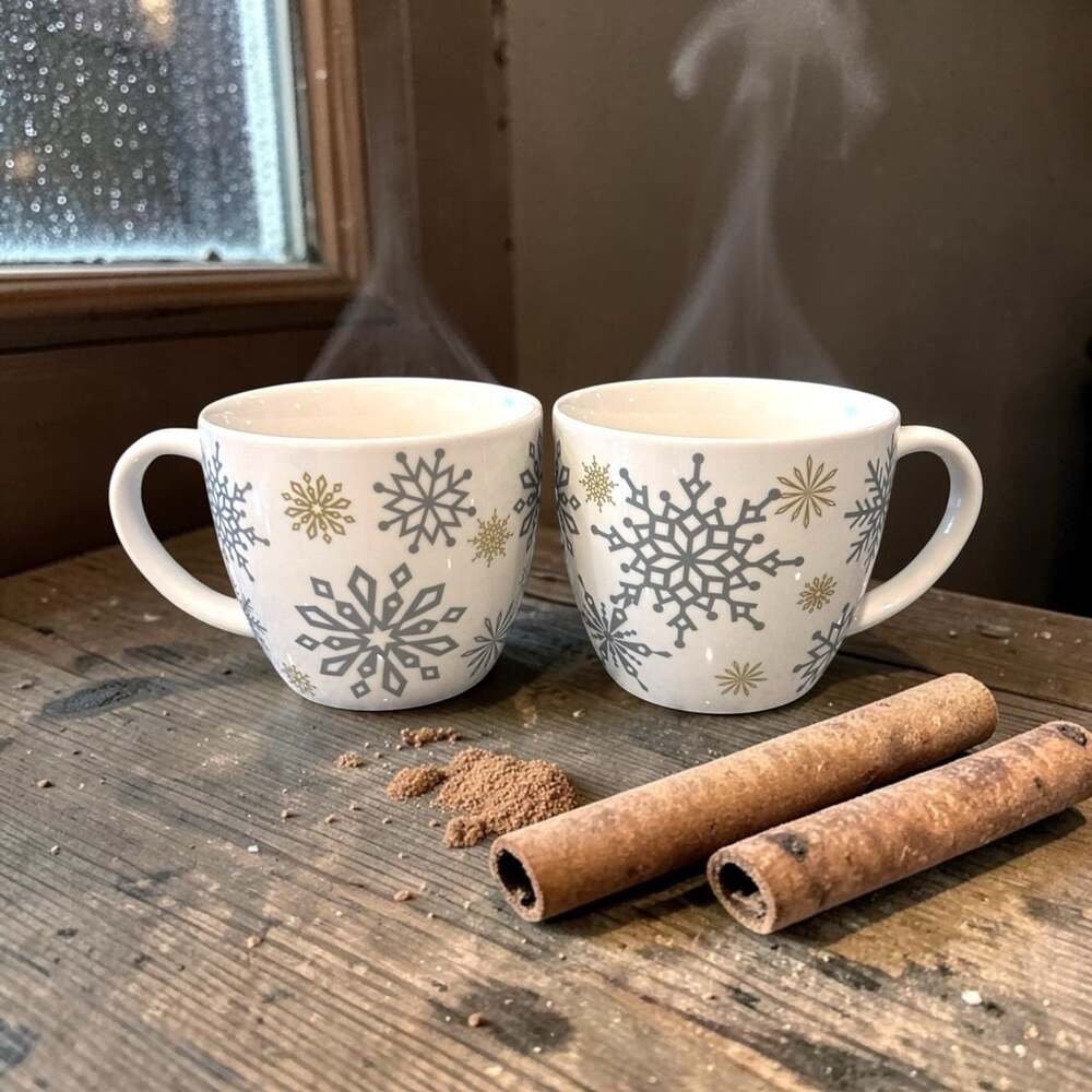 Starbucks Winter Coffee Mug 2009 Gold Silver Snowflake Winter Holiday - Set Of 2